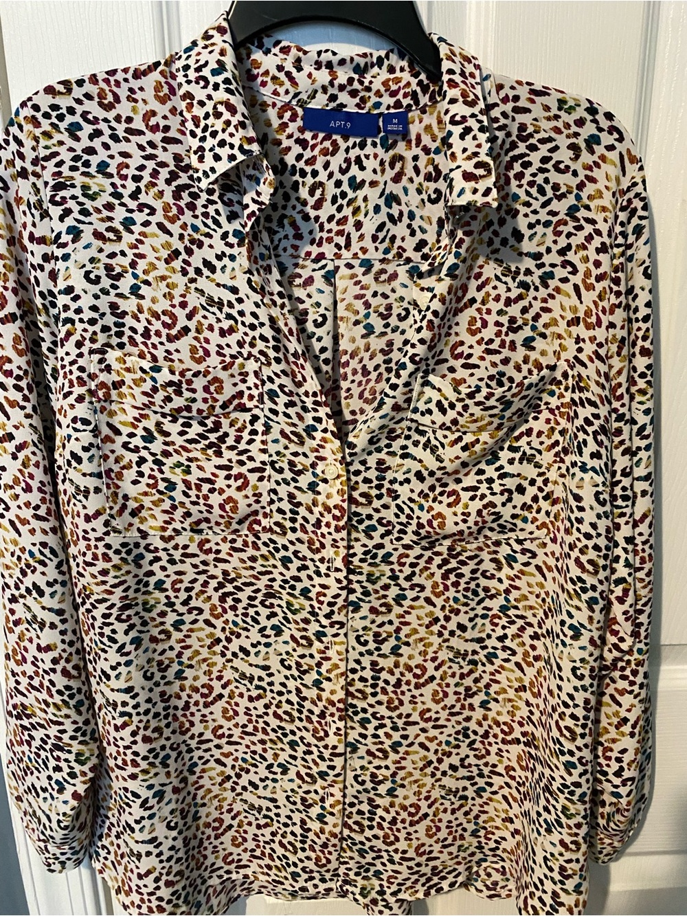 Apt. 9 Cream Button-Up Leopard Spot Blouse with Multicolor Accents
